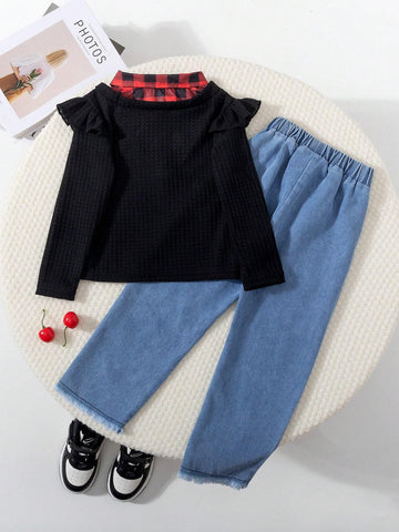 2pcs/Set Young Girl Retro Style 2 In 1 T-Shirt With Embroidered Cherry And Denim Pants