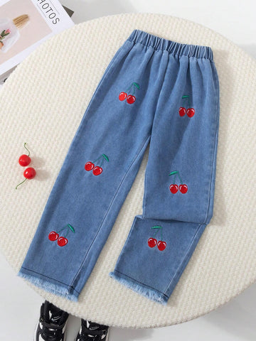 2pcs/Set Young Girl Retro Style 2 In 1 T-Shirt With Embroidered Cherry And Denim Pants