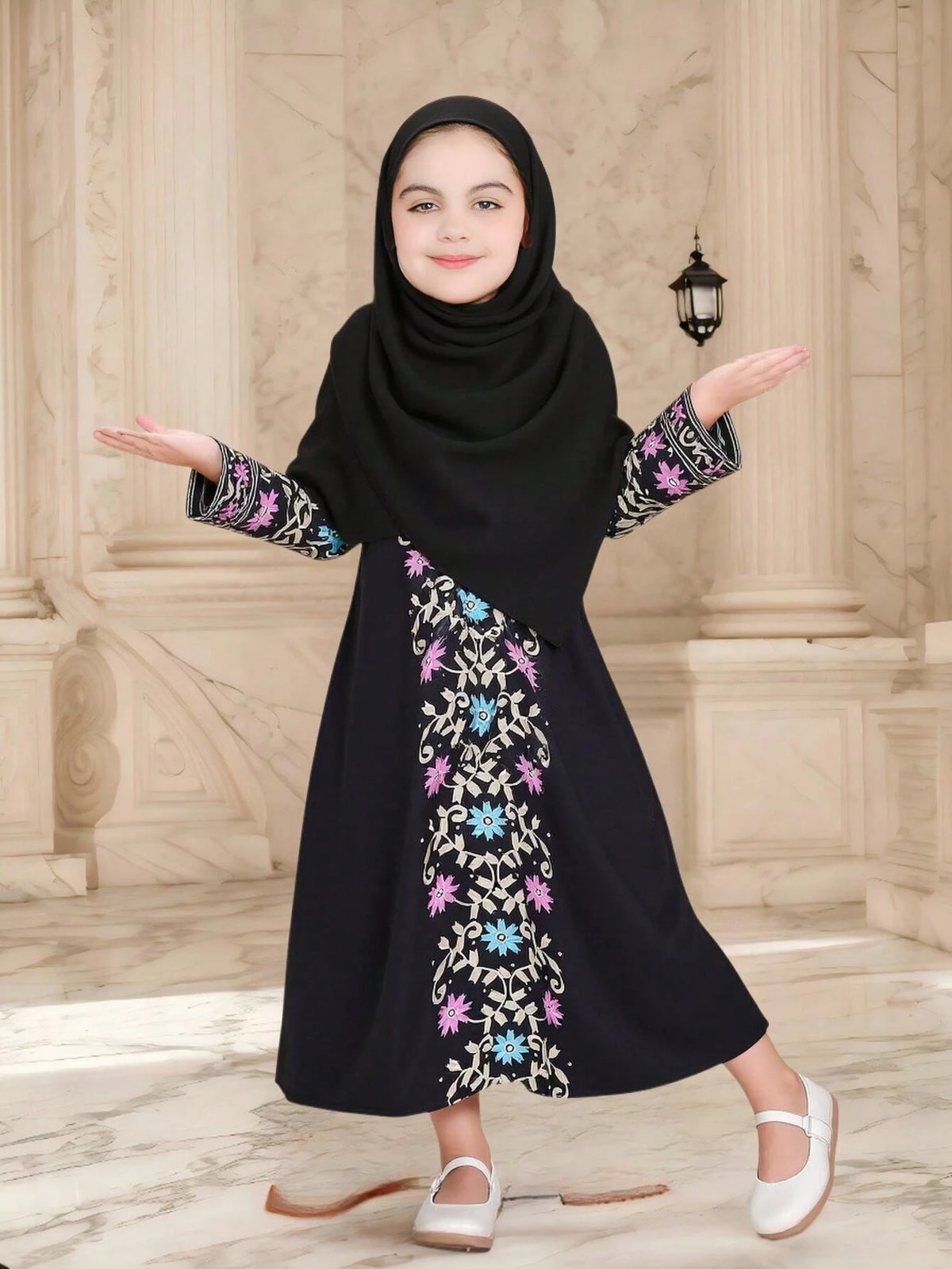 2pcs/Set Young Girls Ramadan Outfit - Traditional Pattern Long Sleeve Dress