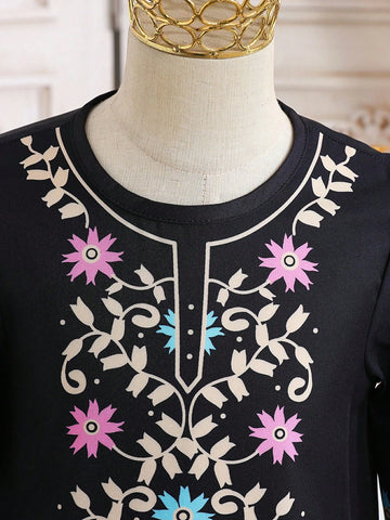 2pcs/Set Young Girls Ramadan Outfit - Traditional Pattern Long Sleeve Dress