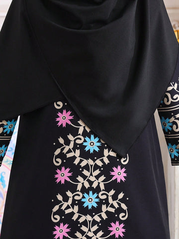 2pcs/Set Young Girls Ramadan Outfit - Traditional Pattern Long Sleeve Dress