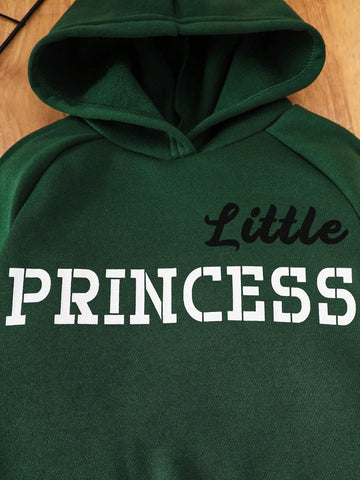2pcs Young Girl Casual English Letter Hooded Sweatshirt And Letter Print Pants Set, Spring/Autumn
