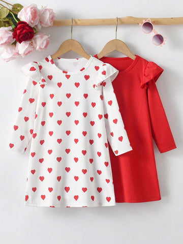 2pcs Young Girl' Casual Solid Color Ruffle Hem Long Sleeve Dress & Colorful Heart Print Ruffle Hem Dress Set, Autumn New Arrival