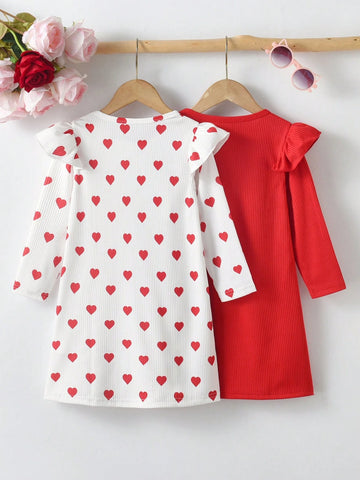 2pcs Young Girl' Casual Solid Color Ruffle Hem Long Sleeve Dress & Colorful Heart Print Ruffle Hem Dress Set, Autumn New Arrival
