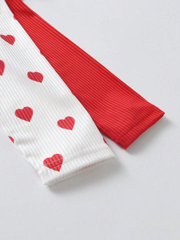 2pcs Young Girl' Casual Solid Color Ruffle Hem Long Sleeve Dress & Colorful Heart Print Ruffle Hem Dress Set, Autumn New Arrival