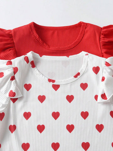 2pcs Young Girl' Casual Solid Color Ruffle Hem Long Sleeve Dress & Colorful Heart Print Ruffle Hem Dress Set, Autumn New Arrival