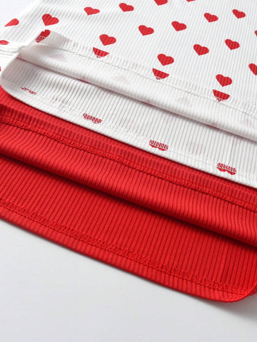 2pcs Young Girl' Casual Solid Color Ruffle Hem Long Sleeve Dress & Colorful Heart Print Ruffle Hem Dress Set, Autumn New Arrival