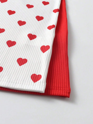 2pcs Young Girl' Casual Solid Color Ruffle Hem Long Sleeve Dress & Colorful Heart Print Ruffle Hem Dress Set, Autumn New Arrival