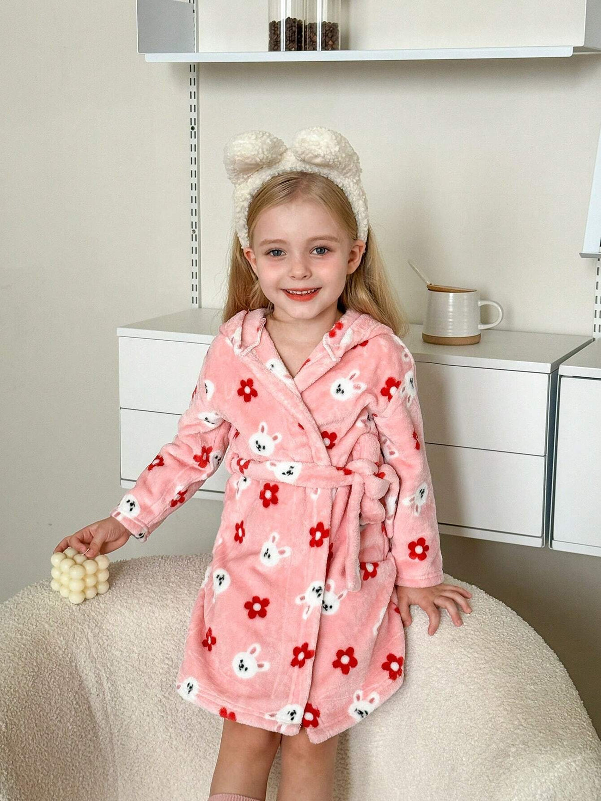 2pcs Young Girl Cute Rabbit & Floral Pattern Long Sleeve Hooded Fleece Pajama Set With Detachable Waistband, Soft & Cozy For Autumn/Winter