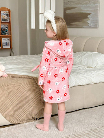 2pcs Young Girl Cute Rabbit & Floral Pattern Long Sleeve Hooded Fleece Pajama Set With Detachable Waistband, Soft & Cozy For Autumn/Winter