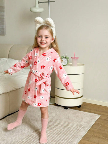 2pcs Young Girl Cute Rabbit & Floral Pattern Long Sleeve Hooded Fleece Pajama Set With Detachable Waistband, Soft & Cozy For Autumn/Winter
