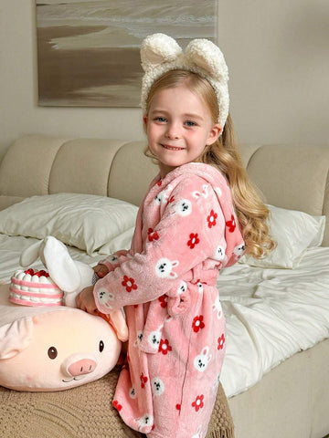 2pcs Young Girl Cute Rabbit & Floral Pattern Long Sleeve Hooded Fleece Pajama Set With Detachable Waistband, Soft & Cozy For Autumn/Winter