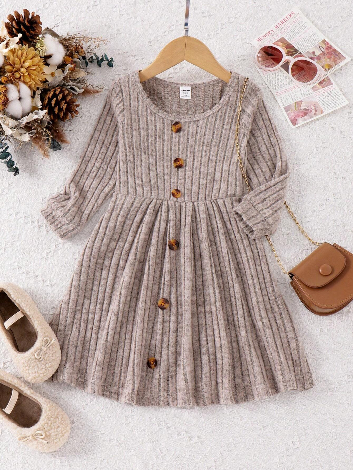 2pcs Young Girl Girls Vertical Ribbed Long Sleeve Casual Comfortable Autumn/Winter Matching Mommy And Me Dress