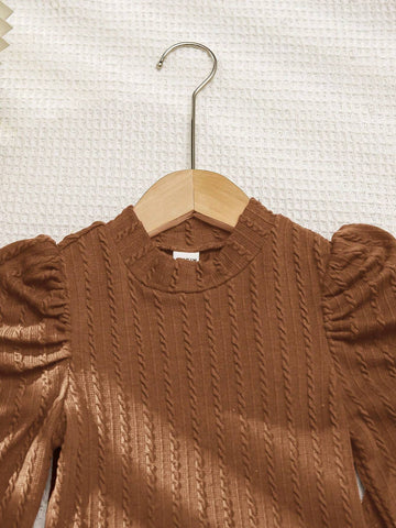 2pcs Young Girl Solid Knitted Raglan Sleeve Top And Fitted Casual Pants Set