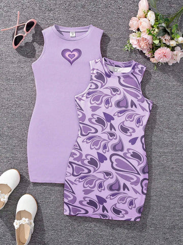 2pcs Young Girl's Knit Solid Heart Pattern Round Neck Sleeveless Fitted Casual Dress Set