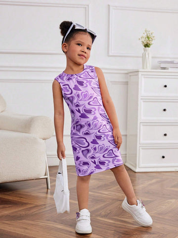 2pcs Young Girl's Knit Solid Heart Pattern Round Neck Sleeveless Fitted Casual Dress Set