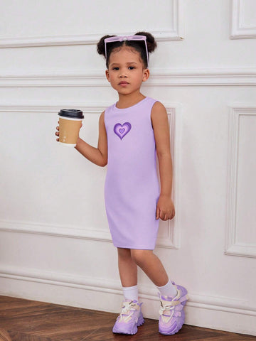 2pcs Young Girl's Knit Solid Heart Pattern Round Neck Sleeveless Fitted Casual Dress Set