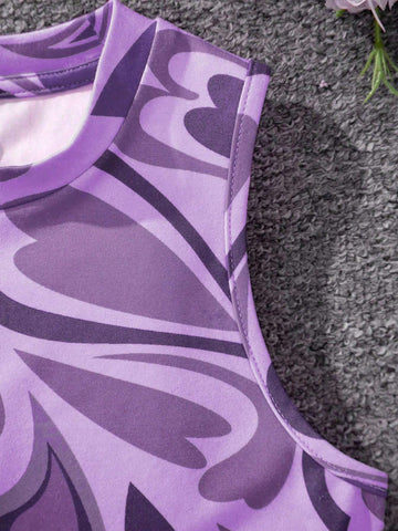 2pcs Young Girl's Knit Solid Heart Pattern Round Neck Sleeveless Fitted Casual Dress Set