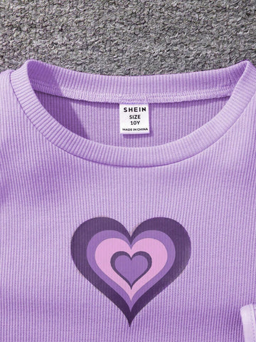 2pcs Young Girl's Knit Solid Heart Pattern Round Neck Sleeveless Fitted Casual Dress Set