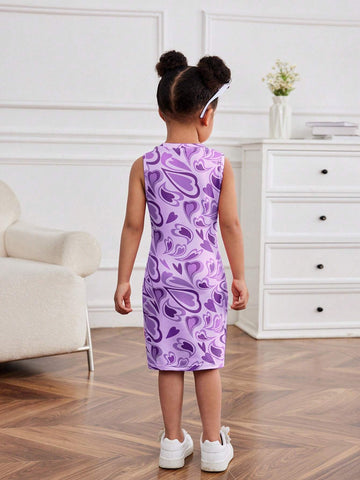 2pcs Young Girl's Knit Solid Heart Pattern Round Neck Sleeveless Fitted Casual Dress Set