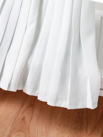 3-Tone Color Patchwork Pleated Hem Polo Collar Puff Sleeve Young Girl Dress, Versatile And Elegant For Casual