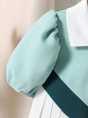 3-Tone Color Patchwork Pleated Hem Polo Collar Puff Sleeve Young Girl Dress, Versatile And Elegant For Casual