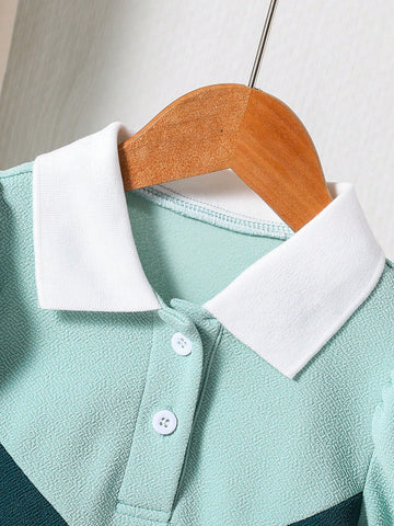 3-Tone Color Patchwork Pleated Hem Polo Collar Puff Sleeve Young Girl Dress, Versatile And Elegant For Casual