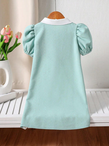 3-Tone Color Patchwork Pleated Hem Polo Collar Puff Sleeve Young Girl Dress, Versatile And Elegant For Casual