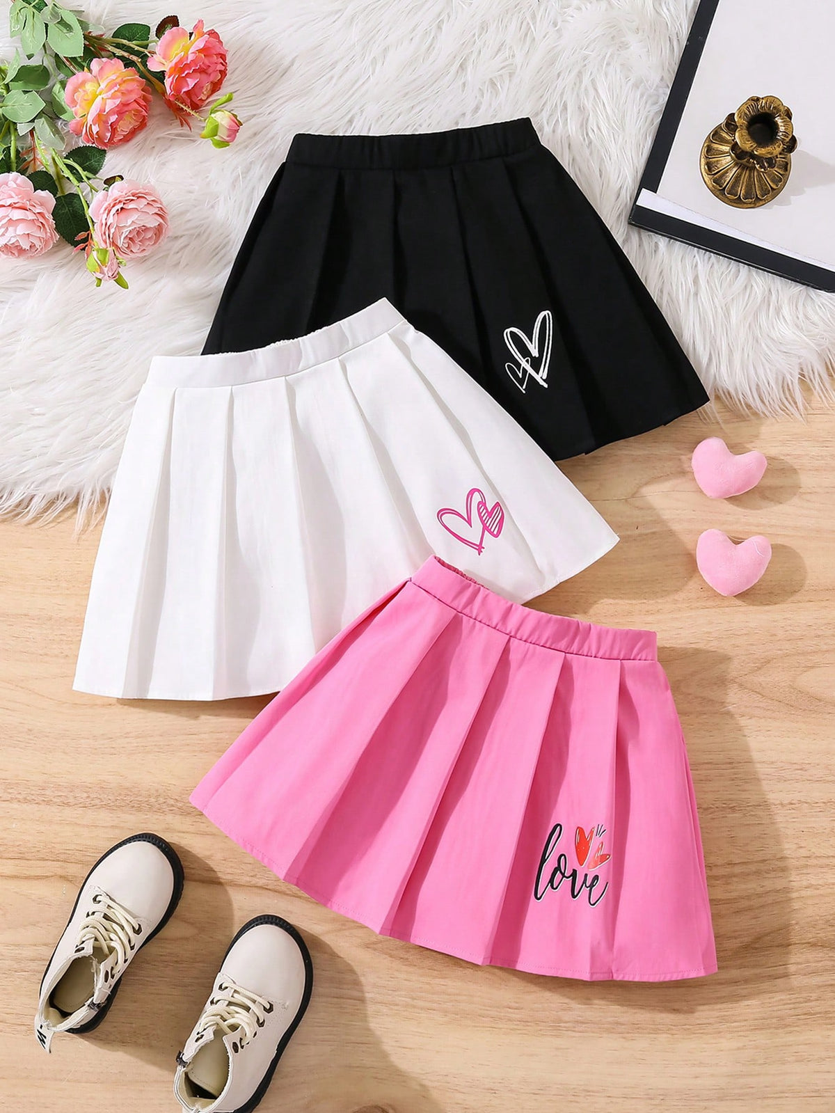 3 Piece Set: Young Girl Woven Solid Color Fitted Pleated Skirt