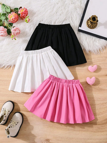 3 Piece Set: Young Girl Woven Solid Color Fitted Pleated Skirt