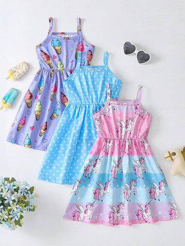 3pcs/Set Girl Unicorn & Ice Cream Print Comfortable Spaghetti Strap Dress For Young Girl Summer Party/Holiday Matching Sister Outfit Gift