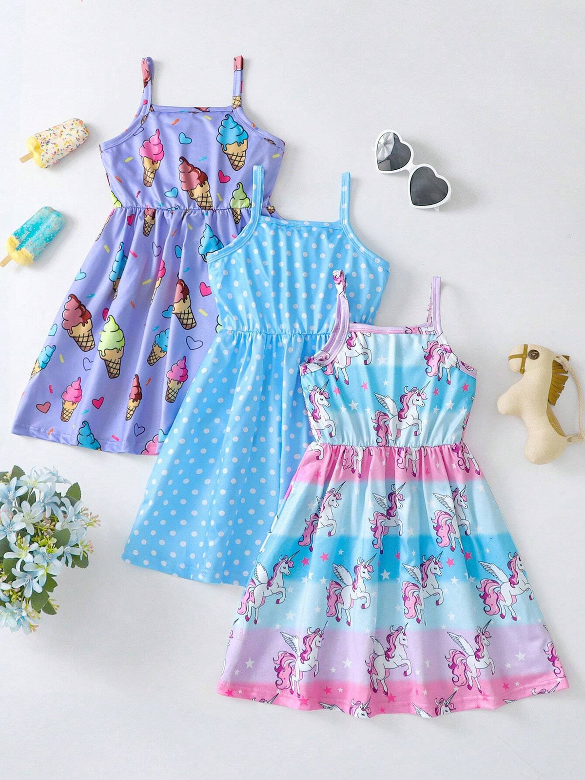 3pcs/Set Girl Unicorn & Ice Cream Print Comfortable Spaghetti Strap Dress For Young Girl Summer Party/Holiday Matching Sister Outfit Gift