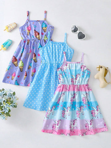 3pcs/Set Girl Unicorn & Ice Cream Print Comfortable Spaghetti Strap Dress For Young Girl Summer Party/Holiday Matching Sister Outfit Gift