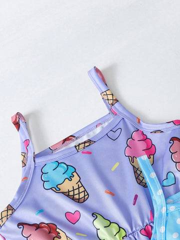 3pcs/Set Girl Unicorn & Ice Cream Print Comfortable Spaghetti Strap Dress For Young Girl Summer Party/Holiday Matching Sister Outfit Gift