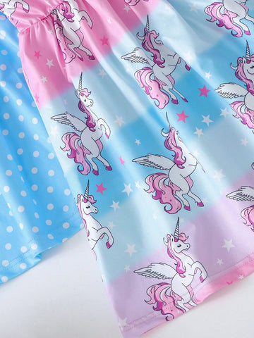 3pcs/Set Girl Unicorn & Ice Cream Print Comfortable Spaghetti Strap Dress For Young Girl Summer Party/Holiday Matching Sister Outfit Gift