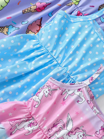 3pcs/Set Girl Unicorn & Ice Cream Print Comfortable Spaghetti Strap Dress For Young Girl Summer Party/Holiday Matching Sister Outfit Gift