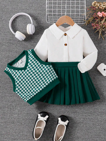 3pcs/Set Girls' Minimalist Long Sleeve Shirt, Diamond Plaid Vest And Pleated Skirt, School Style