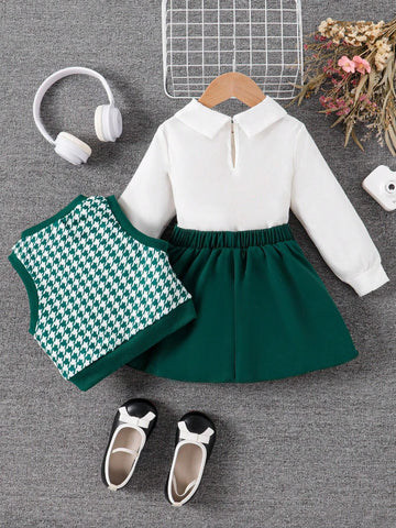 3pcs/Set Girls' Minimalist Long Sleeve Shirt, Diamond Plaid Vest And Pleated Skirt, School Style