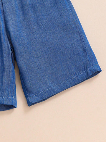 3pcs/Set Young Boy Chinese Hanfu Style Outfit - Sleeveless Denim-Look Vest, Short Sleeve Round Neck T-Shirt,