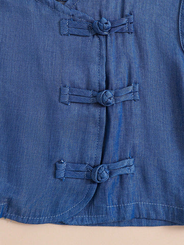 3pcs/Set Young Boy Chinese Hanfu Style Outfit - Sleeveless Denim-Look Vest, Short Sleeve Round Neck T-Shirt,