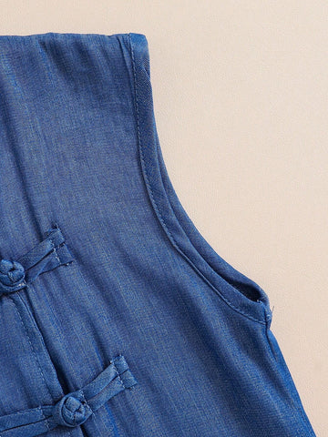 3pcs/Set Young Boy Chinese Hanfu Style Outfit - Sleeveless Denim-Look Vest, Short Sleeve Round Neck T-Shirt,