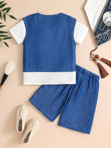 3pcs/Set Young Boy Chinese Hanfu Style Outfit - Sleeveless Denim-Look Vest, Short Sleeve Round Neck T-Shirt,