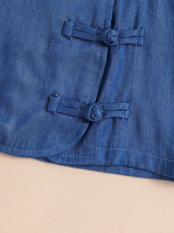 3pcs/Set Young Boy Chinese Hanfu Style Outfit - Sleeveless Denim-Look Vest, Short Sleeve Round Neck T-Shirt,