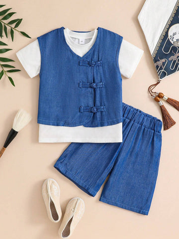3pcs/Set Young Boy Chinese Hanfu Style Outfit - Sleeveless Denim-Look Vest, Short Sleeve Round Neck T-Shirt,