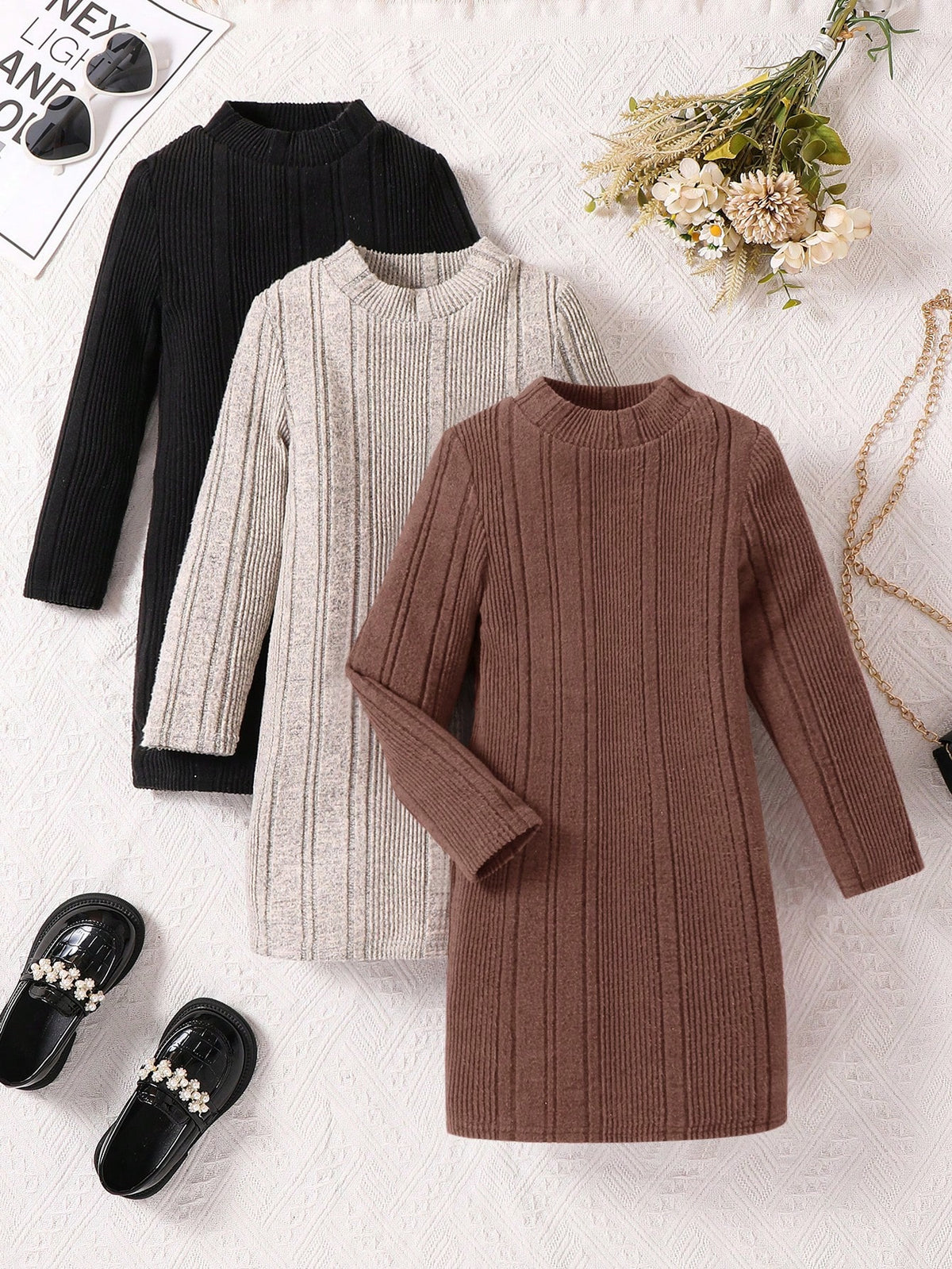 3pcs/Set Young Girl Solid Color Knitted Collar Fitted Casual Dress Set