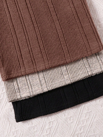 3pcs/Set Young Girl Solid Color Knitted Collar Fitted Casual Dress Set