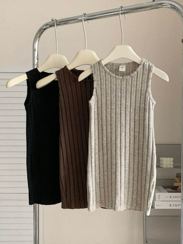 3pcs/Set Young Girl Solid Color Knitted Round Neck Sleeveless Fitted Casual Dress