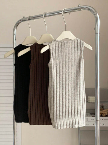 3pcs/Set Young Girl Solid Color Knitted Round Neck Sleeveless Fitted Casual Dress