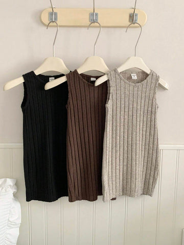 3pcs/Set Young Girl Solid Color Knitted Round Neck Sleeveless Fitted Casual Dress