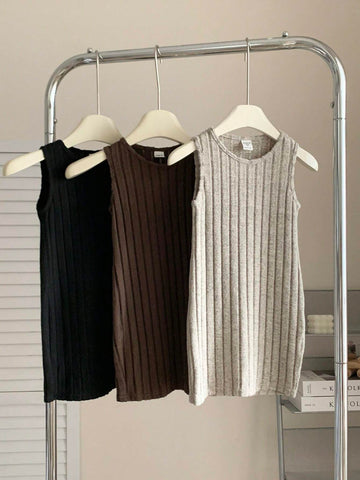 3pcs/Set Young Girl Solid Color Knitted Round Neck Sleeveless Fitted Casual Dress